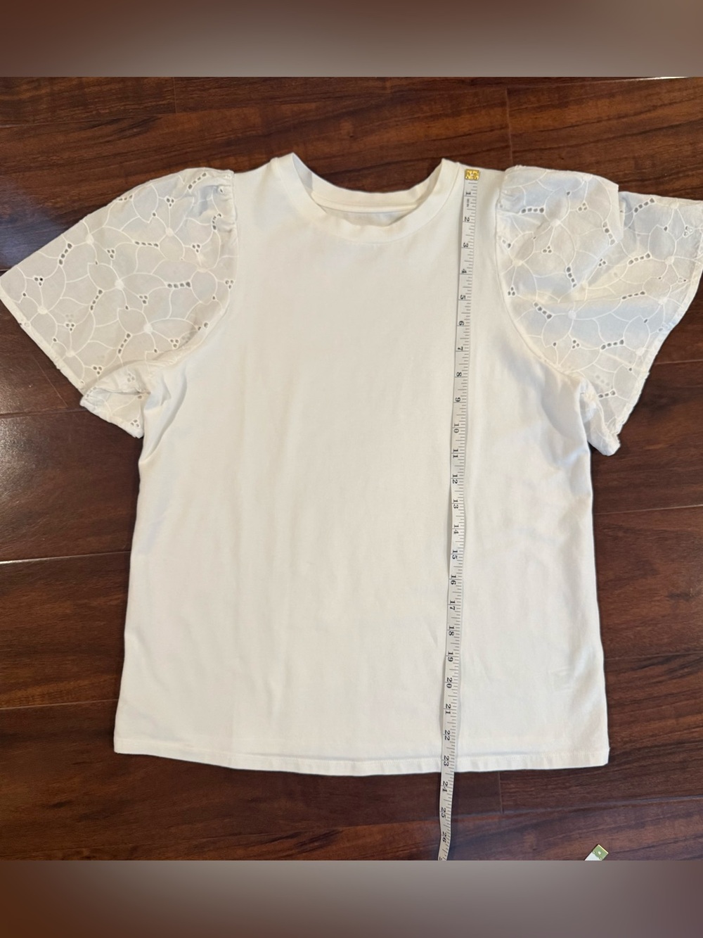 Mixed media eyelet sleeve top
